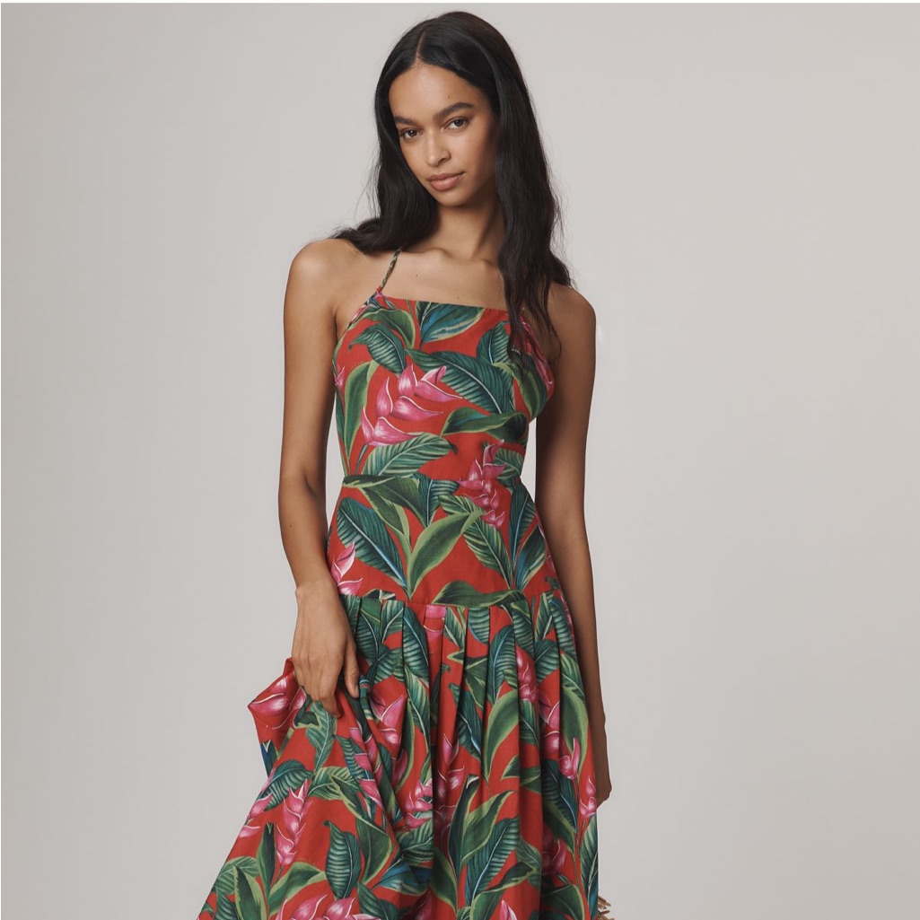 Farm Rio Linen Blend Dream Garden Strappy Drop-Waist Midi Dress Nwt Size Xl